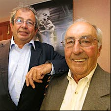 Portrait of Heaven Hill master distiller Parker Beam and Cognac innovator Alain Royer.